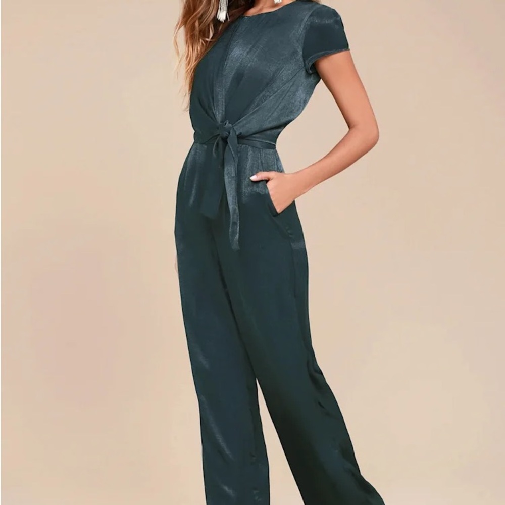 Lulus Let Me Entertain You Dark Green Satin Wide-Leg Jumpsuit - Picture 2 of 8